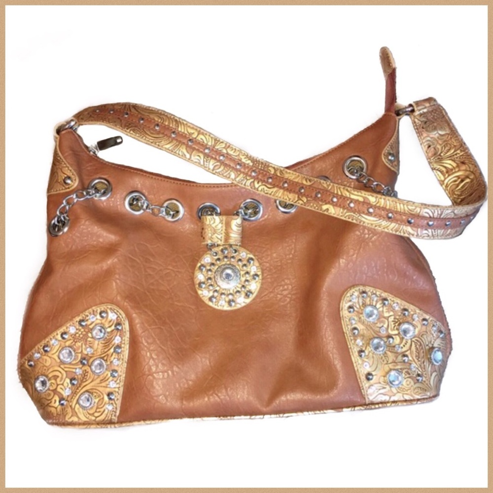 M C Vegan Leather Tan Embellished Bag